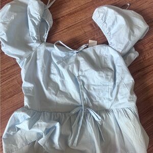 Francesca's Collections Light Blue Cotton Tie-Back Puff Sleeve Top